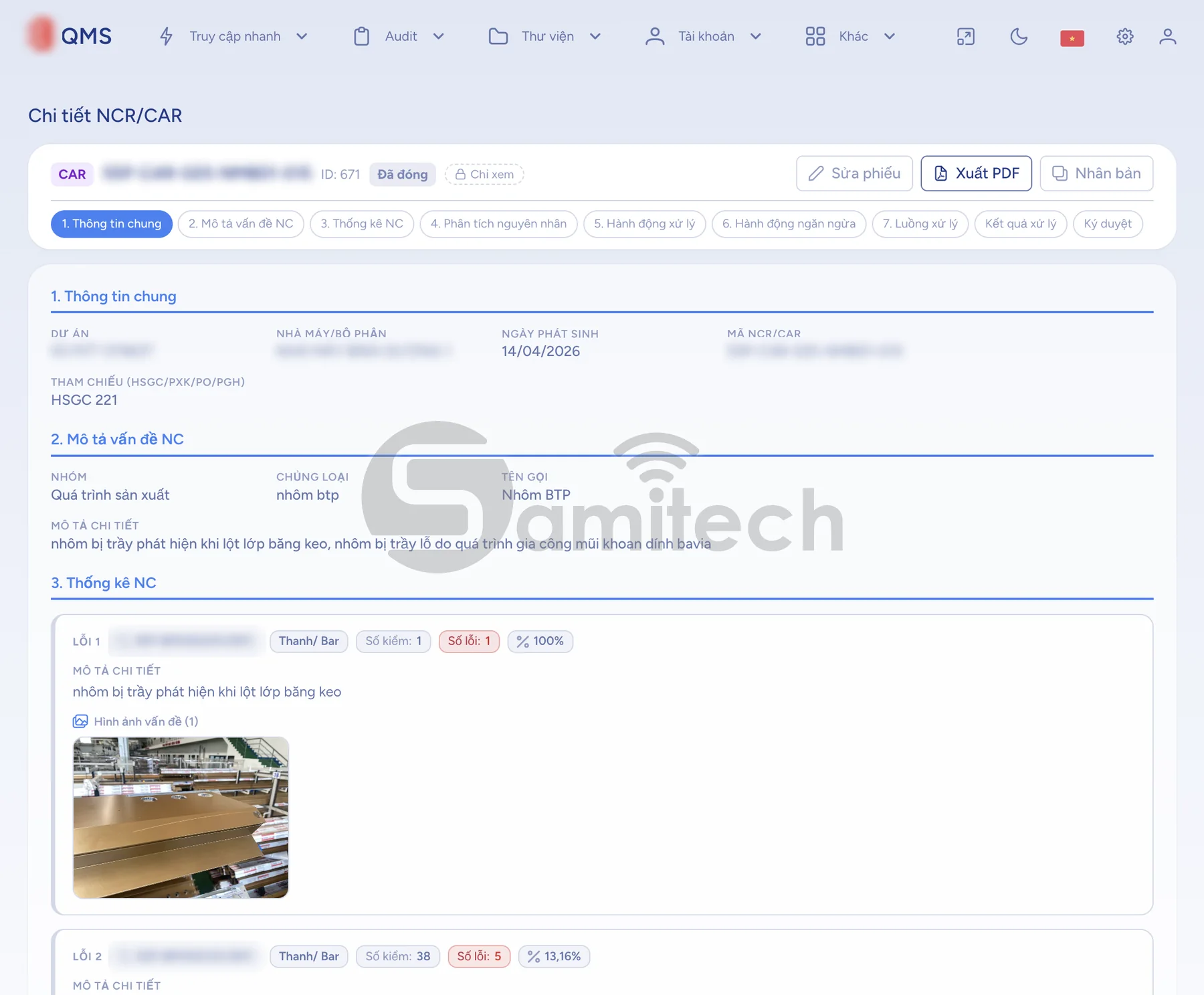 Trang xem một phiếu: mã phiếu, dự án, nhà máy, ngày phát sinh, nhóm lỗi và mô tả lỗi kèm ảnh chụp tại chỗ