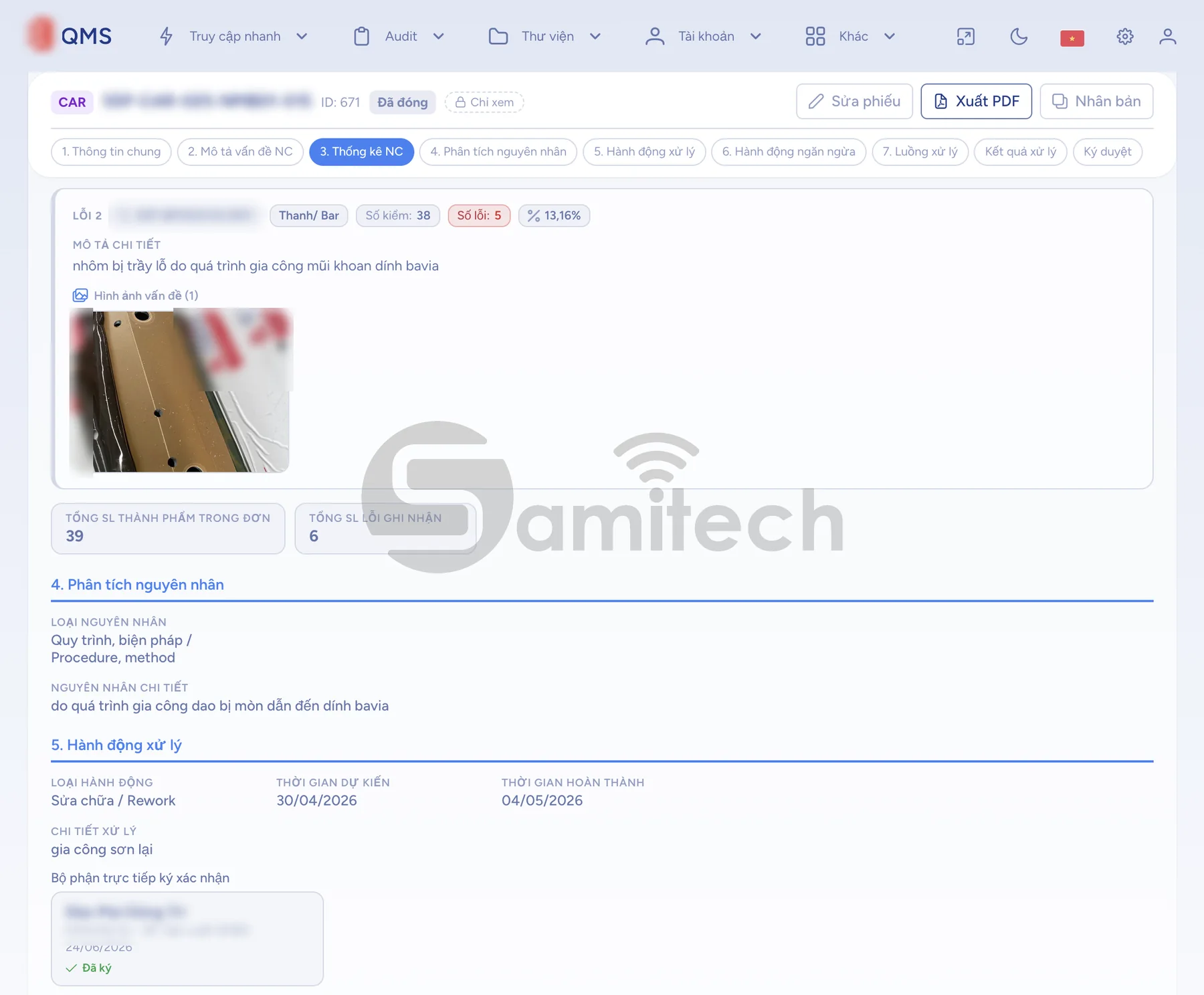 Phần thống kê lỗi với số kiểm, số lỗi, tỷ lệ; phần phân tích nguyên nhân và hành động xử lý kèm ô ký xác nhận