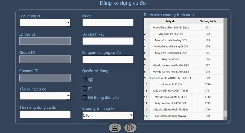 Màn hình khai báo dụng cụ đo để phần mềm đọc được tín hiệu: mỗi loại thiết bị gắn với một chương trình xử lý riêng. Ảnh chụp giao diện thật.