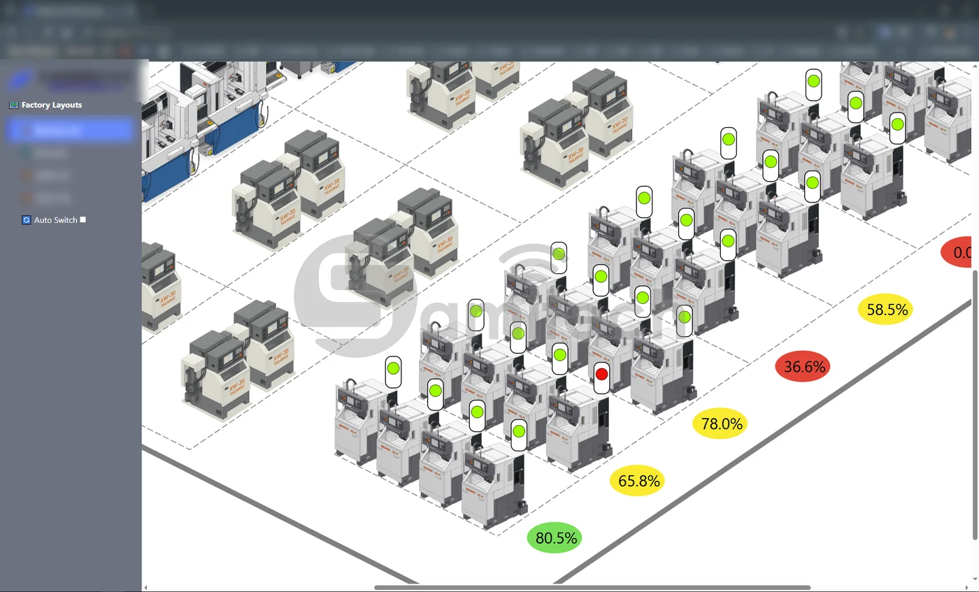 Mặt bằng xưởng dựng 3D với các máy tiện CNC, mỗi máy một chấm trạng thái xanh hoặc đỏ và một bóng số phần trăm.